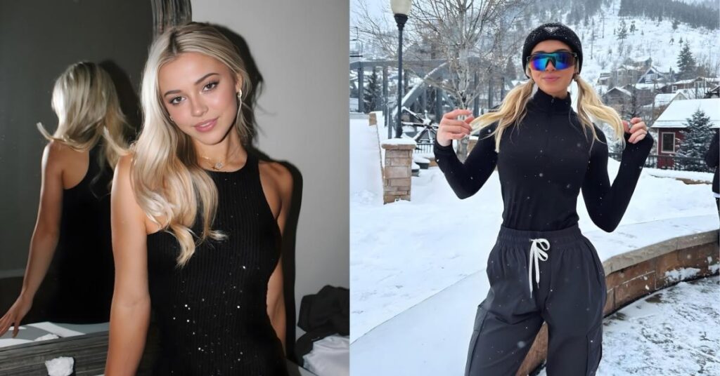 Olivia Dunne, with blonde hair wearing a sleeveless black sequined dress, looking at the camera, with a reflection in a mirror behind them.