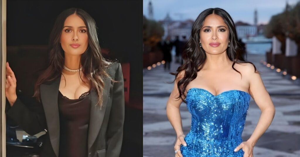 Salma Hayek, in a sparkling blue strapless gown, stands with her hands on her hips.