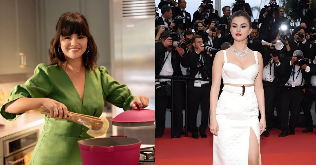 Selena Gomez, in a green dress, uses tongs to place a round food item into a pink pot on a stovetop.