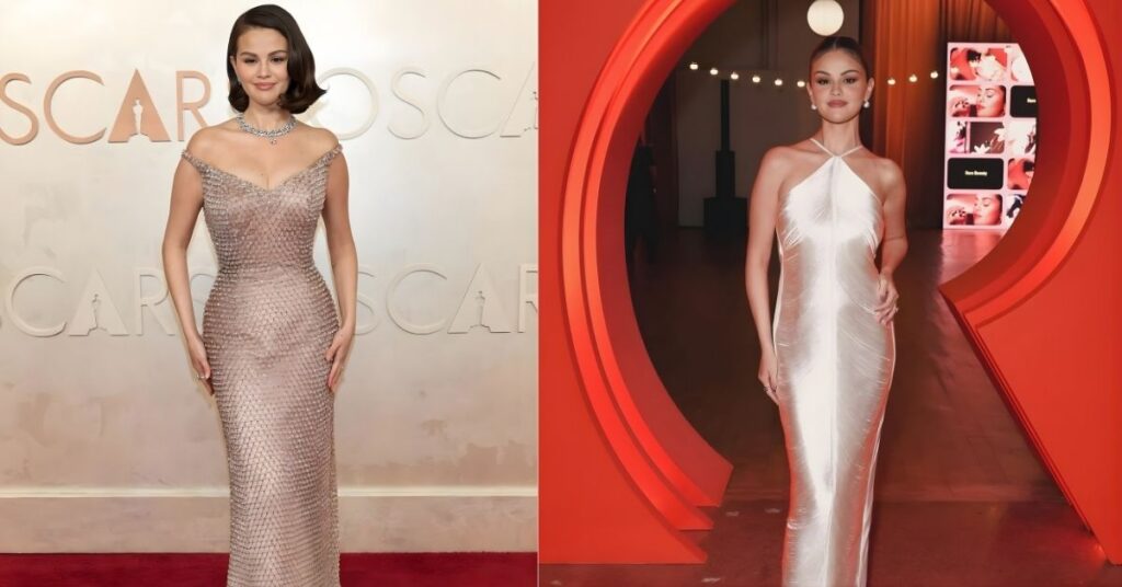 Selena Gomez stands in a white halter dress in front of a large red archway. Behind them, a screen displays multiple images of faces.