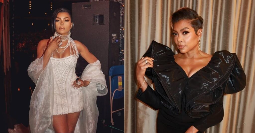 Taraji P. Henson, in a black dress with a large ruffled neckline and a clutch bag, stands against a neutral background.