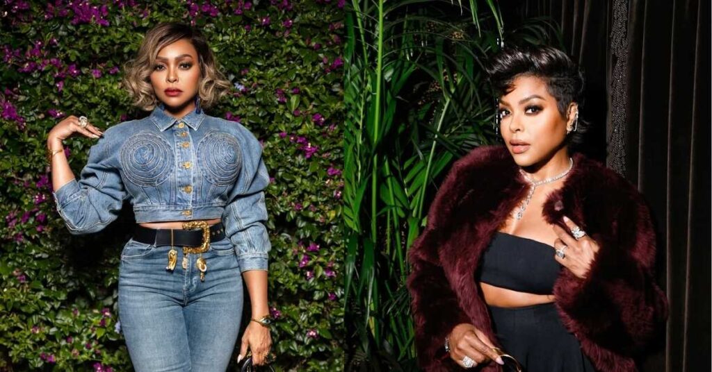 Taraji P. Henson poses in a denim jacket and jeans against a backdrop of green foliage and purple flowers, accessorized with a wide black belt .