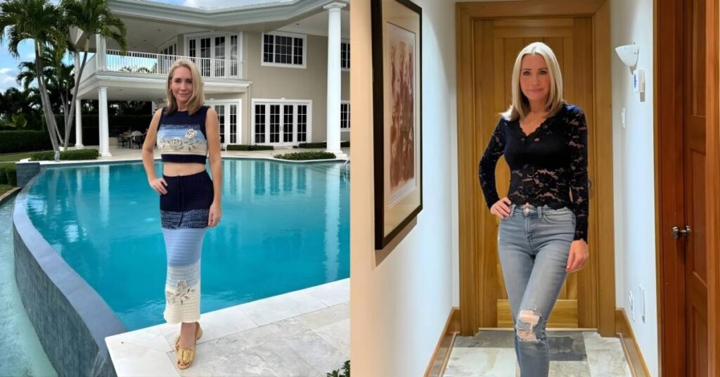 Andrea Canning stands by a large blue swimming pool in front of a tan house with white columns and palm trees.