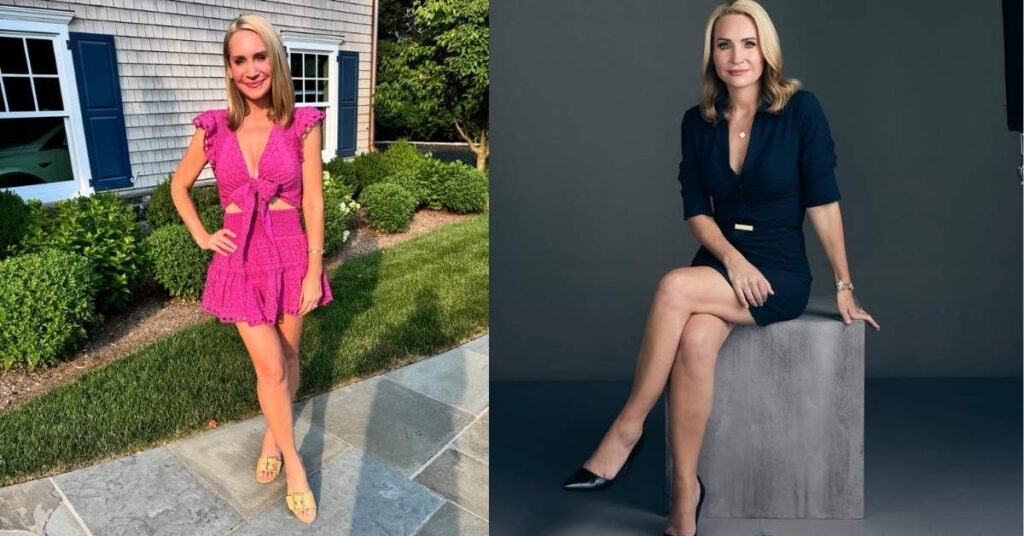 Andrea Canning stands outside a house wearing a pink eyelet crop top with a tie front and a matching mini skirt, paired with yellow sandals.