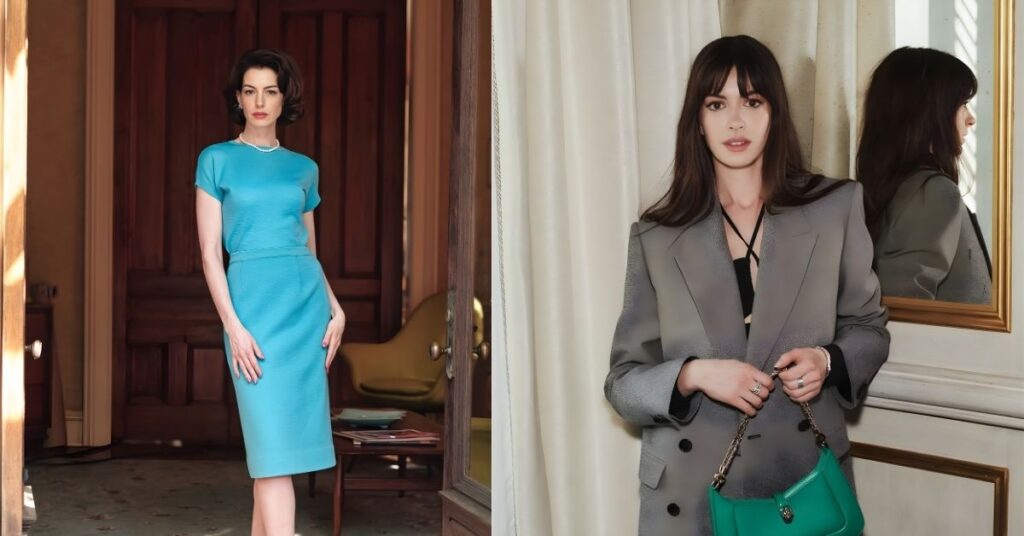 Anne Hathaway stands in a doorway wearing a turquoise dress and matching heels, with dark hair and a pearl necklace.
