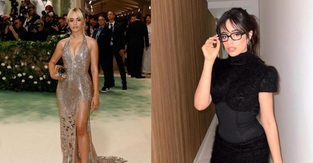 Camila Cabello, wearing a sparkly, floor-length gown with a high slit and a plunging neckline, holding a small clutch and posing on a carpeted floor.