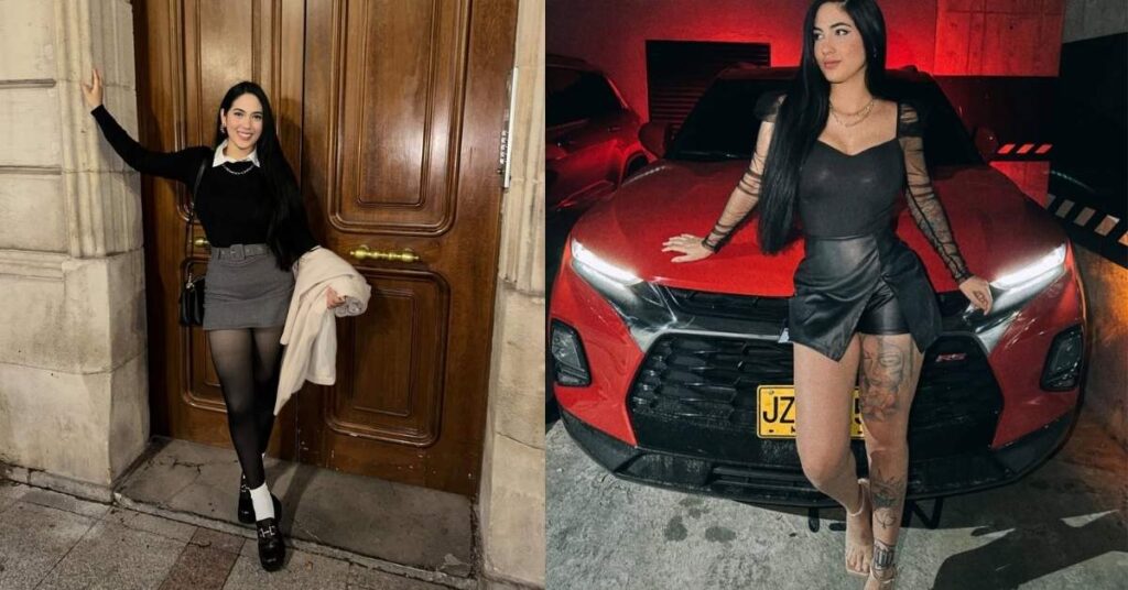 Florizqueen, in a black outfit, leans against the hood of a red car in a dimly lit garage with red lighting.