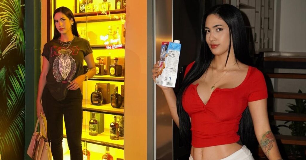 Florizqueen is holding two cartons of almond milk, wearing a red top and white shorts, with a tattoo on their arm.
