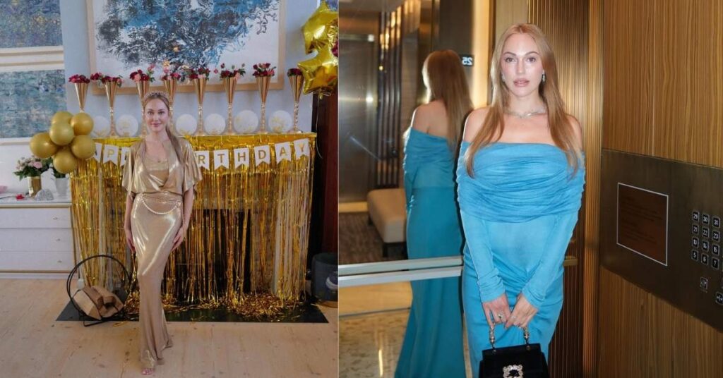 Meryem Uzerli, in a shimmering gold dress, stands in front of a fireplace decorated for a birthday with gold streamers, balloons, and flowers.