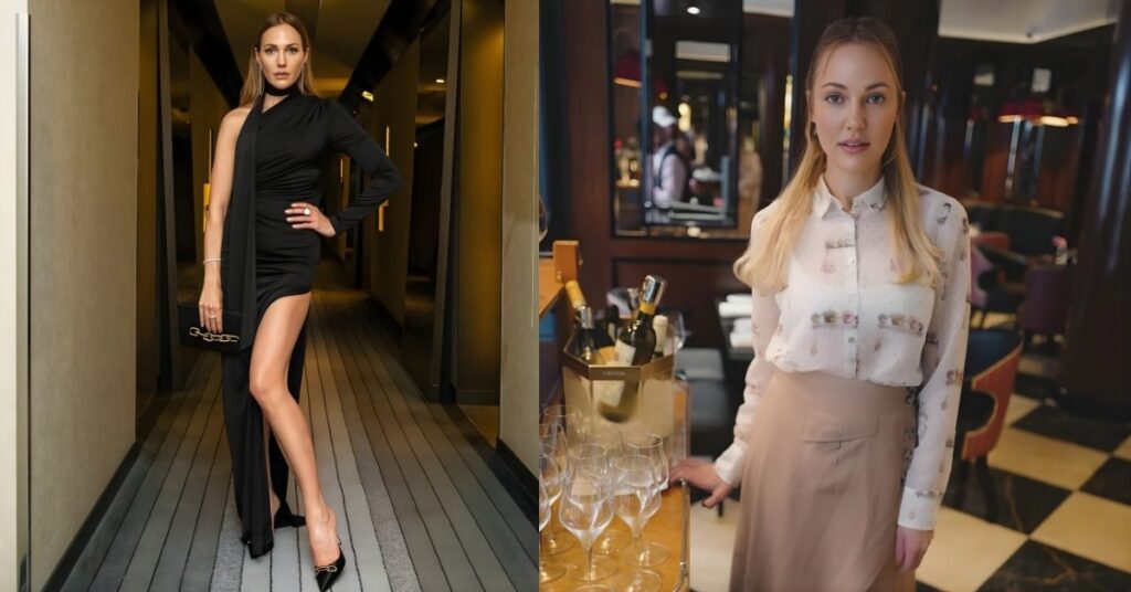 Meryem Uzerli, wearing a patterned shirt and skirt, stands in a room with wine bottles and glasses in the foreground and a bar in the background.