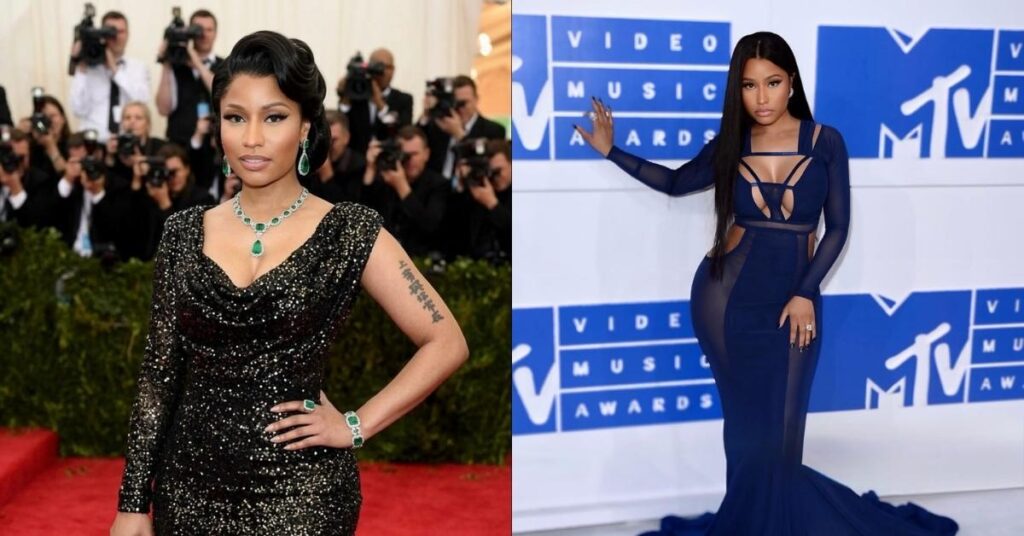 Nicki Minaj, in a black sequined dress and emerald jewelry, stands on a red carpet with photographers in the background.