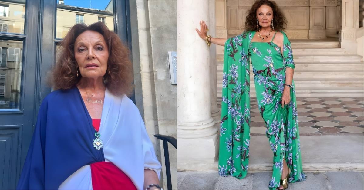 A person stands leaning against a column, wearing a long green floral print dress with a matching shawl and gold heels.