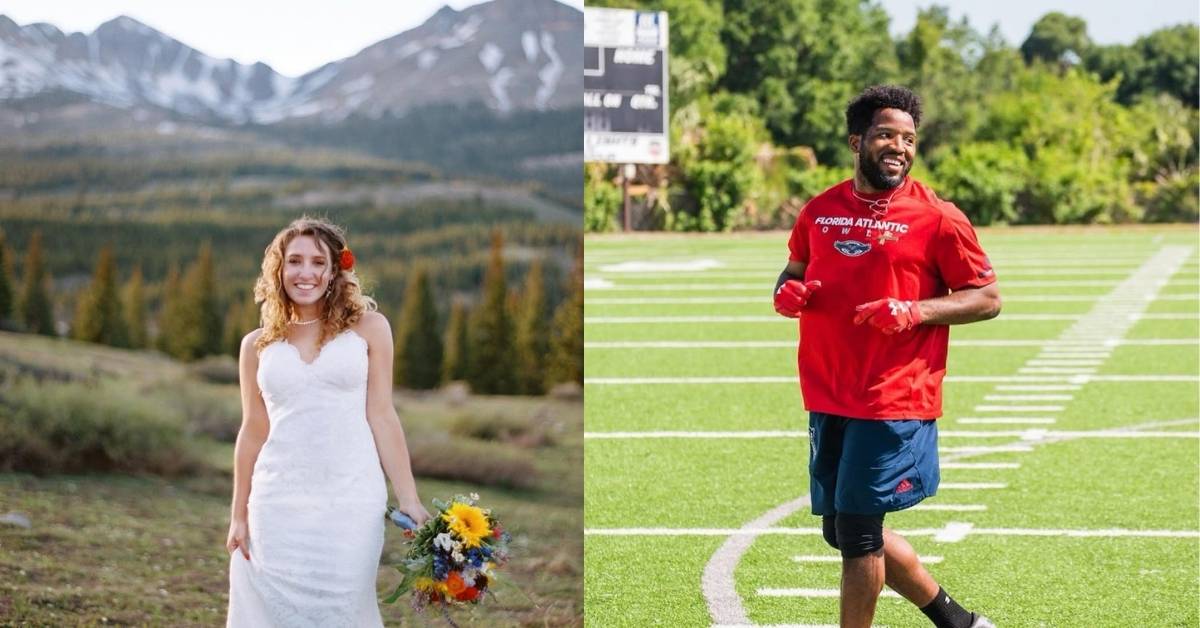 Alfred Morris is wearing a red Florida Atlantic Owls shirt and blue shorts runs on a green football field with white yard lines.