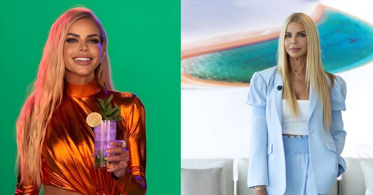 Alexia Echevarria in shiny orange dress smiles holding a citrus drink with mint garnish against a vibrant green background.