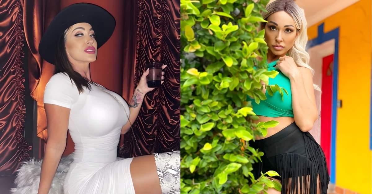 Aubrey Black, wearing a white ruched dress, a black hat, and snakeskin boots, holding a drink and sitting on a yellow couch with a furry throw.