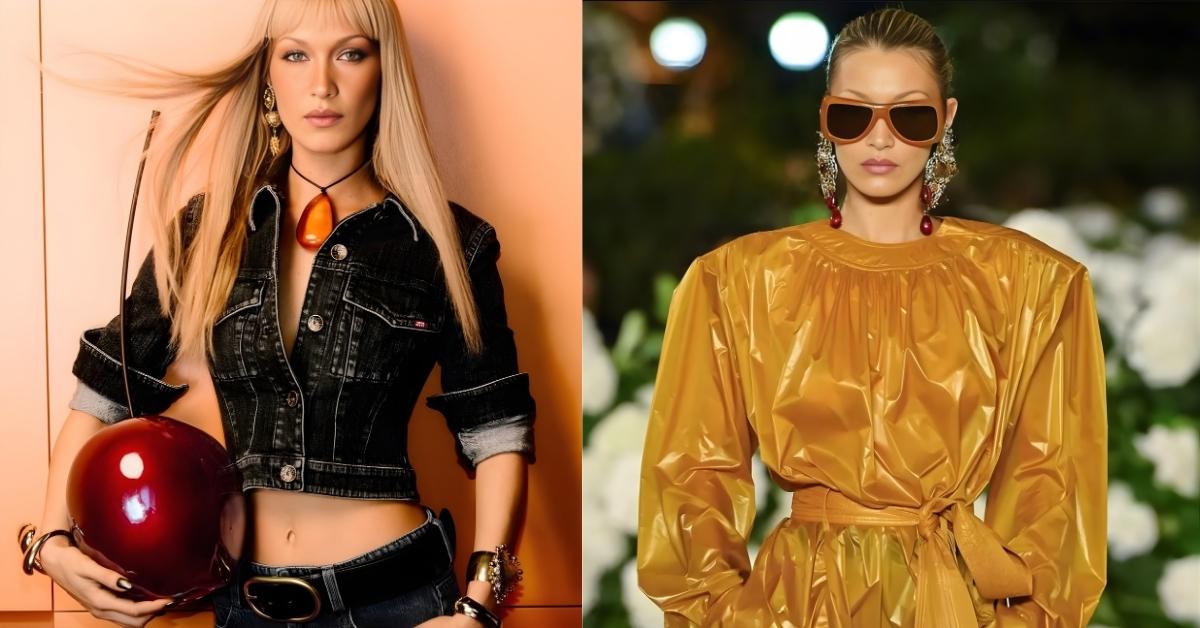 Bella Hadid. models a shiny, mustard-colored jumpsuit with large, square sunglasses and elaborate, dangling earrings.