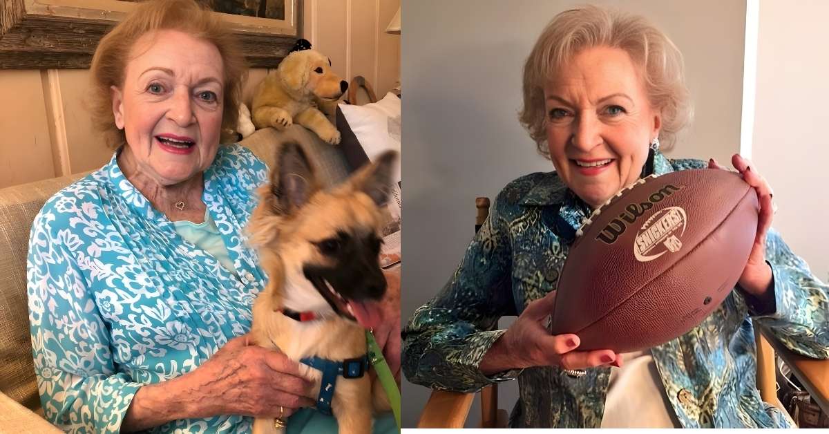 Betty White holds a Wilson football with a Snickers logo.
