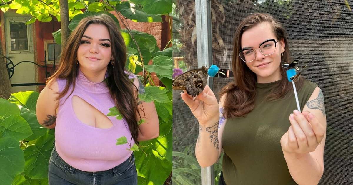 Bonnie Chapmn wearing a lavender cutout turtleneck and grey jeans, stands in front of large green leaves and a building.
