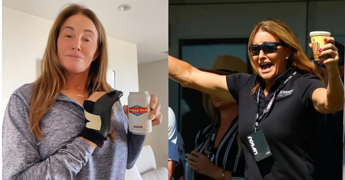 Caitlin Jenner, in a black polo shirt and sunglasses, holds a coffee cup in their right hand and gestures with their left arm outstretched.