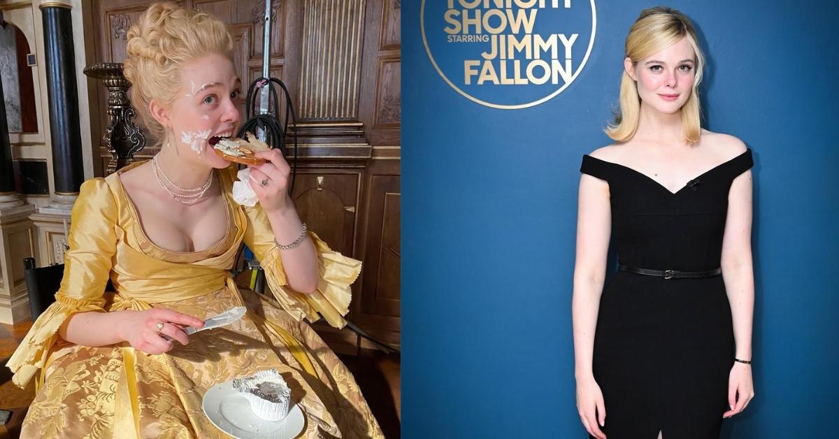 Elle Fanning, in a yellow brocade dress and elaborate hairstyle, eats a pastry with frosting smeared on their face.