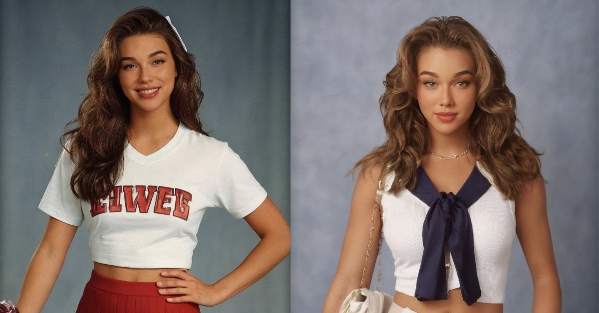 Emma Rose, in a white crop top with red lettering that says LAWES and a red pleated skirt, holding a maroon pom-pom.
