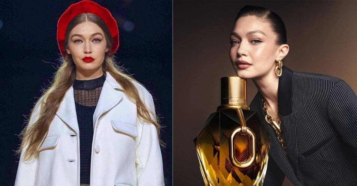 Gigi Hadid, bottle with a faceted amber glass design and gold accents, next to a person wearing a pinstripe suit and gold jewelry.