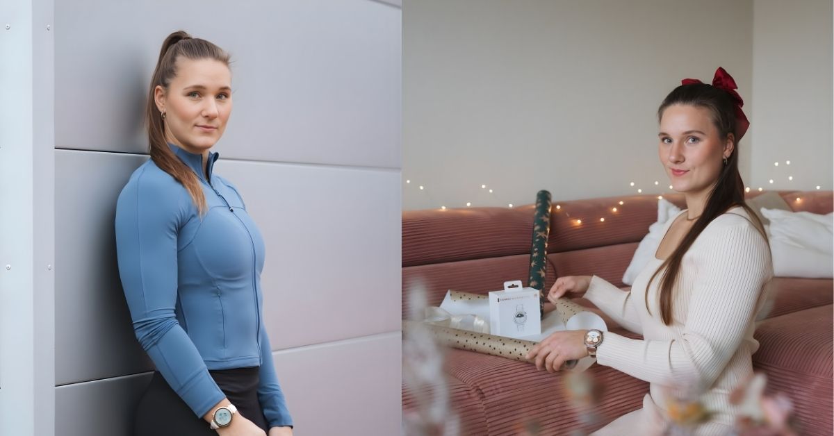 Lisa Buckwitz, wearing a cream-colored sweater dress and a red bow in their hair, is wrapping gifts on a couch with string lights in the background.