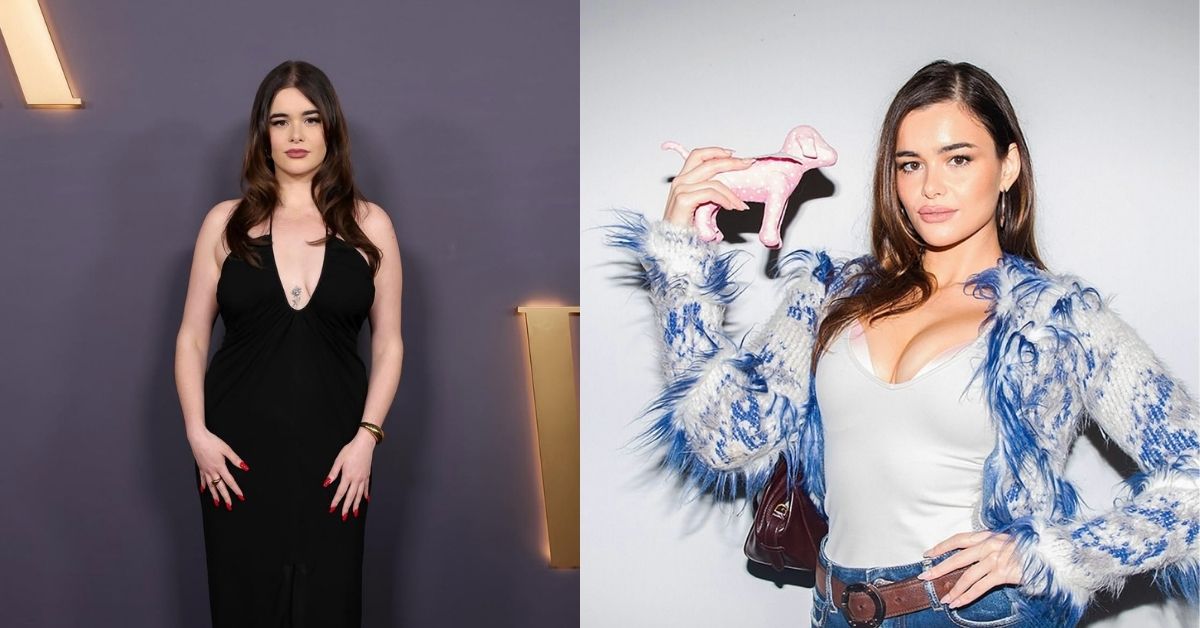 Barbie Ferreira, wearing a fluffy blue and white jacket, a white top, and denim jeans, holding a pink dog figurine.