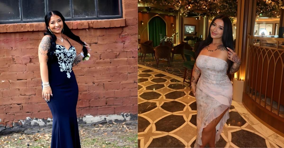 Danielle Cohn, wearing a navy blue mermaid-style gown with a beaded bodice, stands against a brick wall.