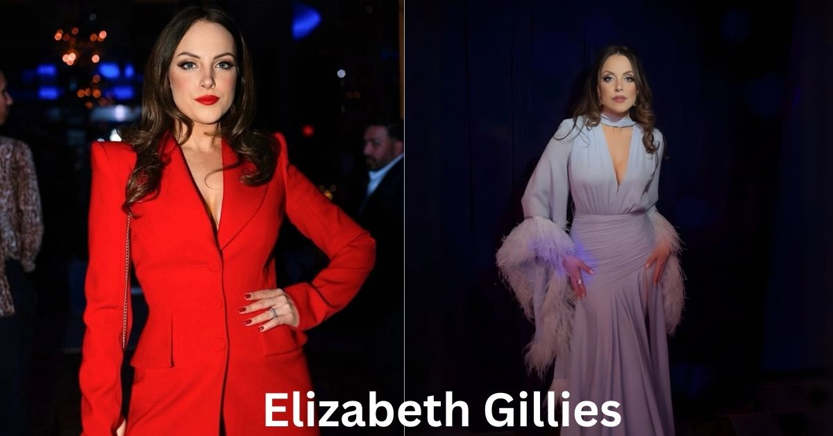 Elizabeth Gillies, in a light purple gown with feathered sleeves, stands against a dark blue backdrop.