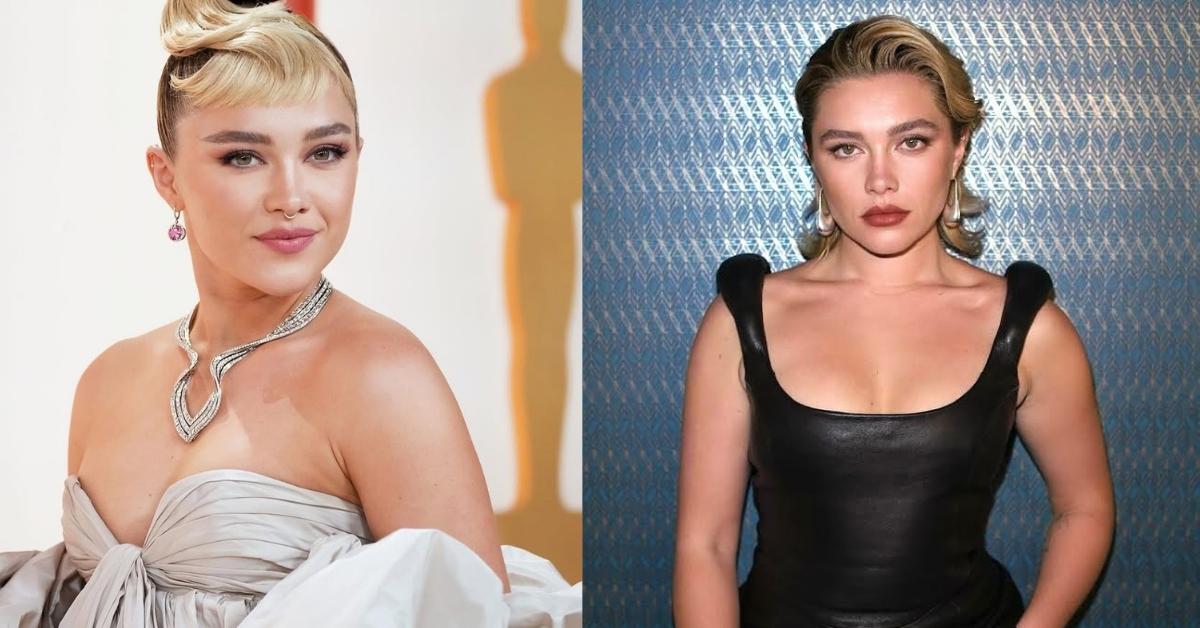 Florence Pugh, in a black leather dress with shoulder pads and large, light-colored earrings, stands against a blue textured background.