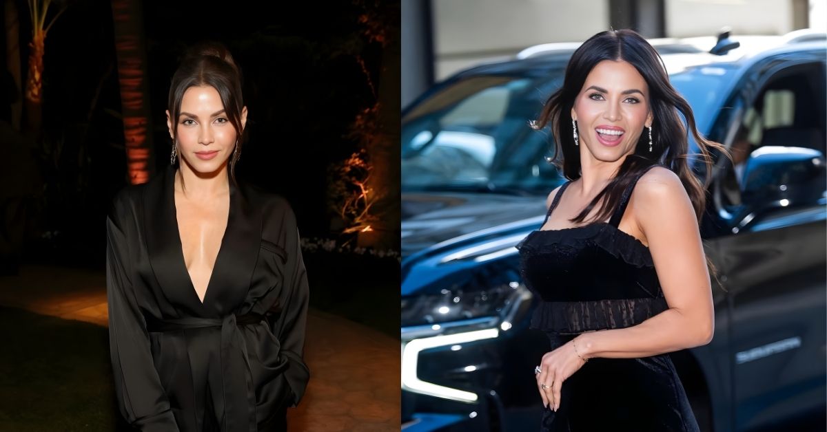 Jenna Dewan, wearing a black velvet dress with ruffled details and sheer polka dot fabric at the hem, poses in front of a black SUV.