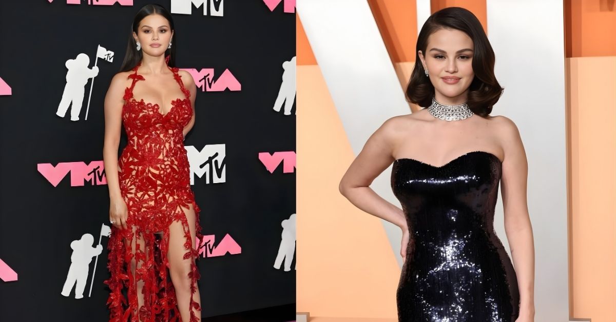 Selena Gomez, in a strapless black sequined gown and a diamond choker necklace, stands against an orange and cream backdrop.