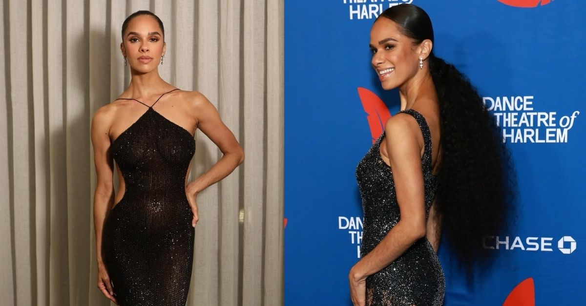 Misty Copeland, in a long, sparkling black halter dress with cutouts on the sides, stands against a neutral, pleated backdrop.