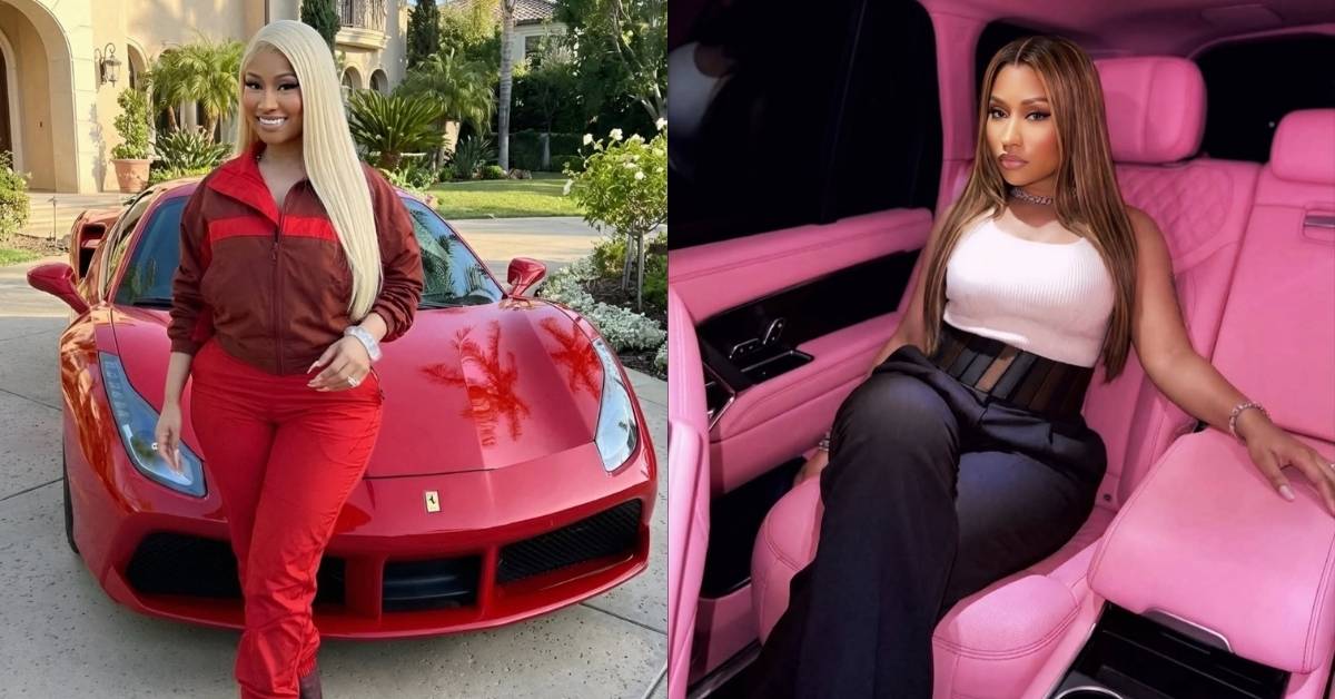 Nicki Minaj, with long, straight brown hair, sits in the back seat of a car with a pink leather interior, wearing a white top and black pants.