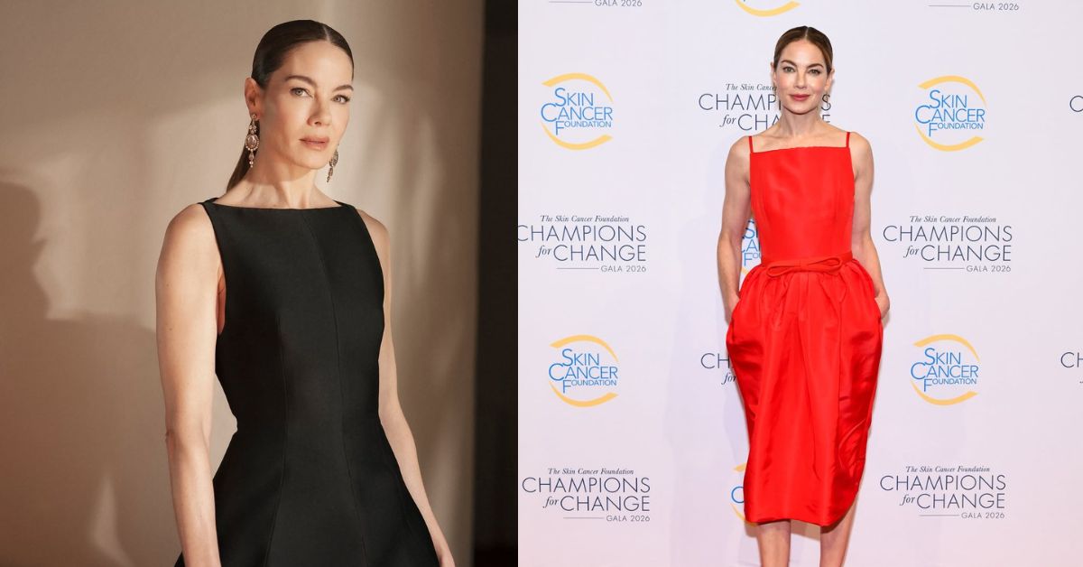 Michelle Monaghan, in a sleeveless black dress with a flared skirt and ornate earrings, against a neutral background.