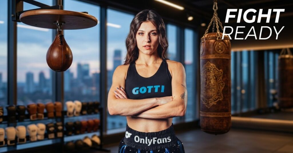 A woman with arms crossed stands in a boxing gym wearing a dark “GOTTI” tank and “OnlyFans” waistband.