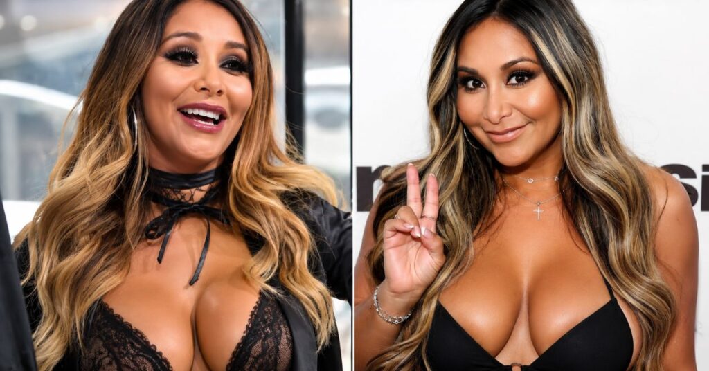 Side-by-side photos of a woman with long wavy hair wearing a black lace top and choker; she smiles in one image and flashes a peace sign.