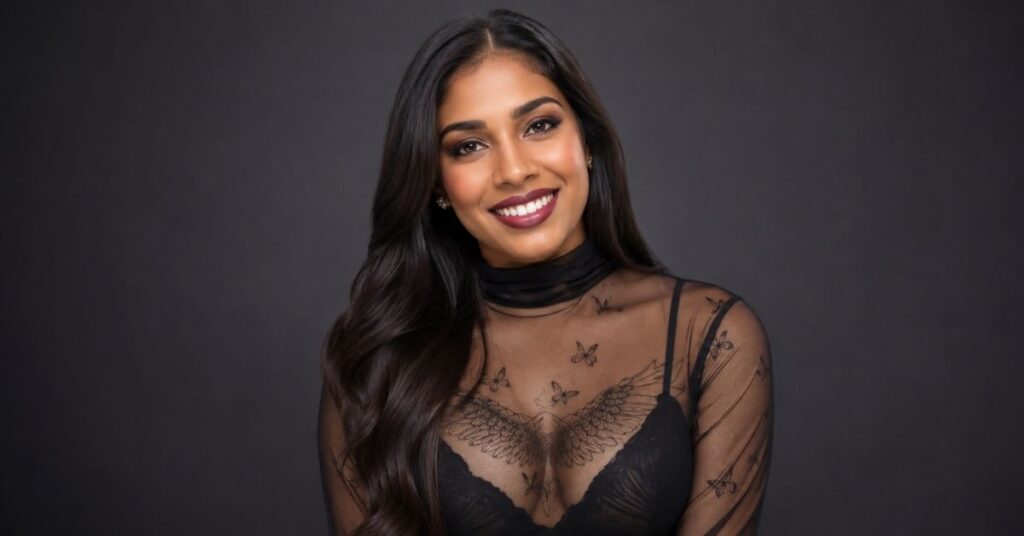 Smiling person with long dark hair wearing a sheer black top with a high neckline, posed against a dark studio background with soft lighting.