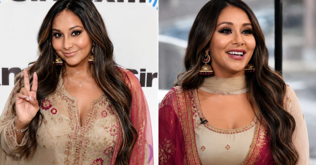 Two side-by-side photos of a woman in a beige embroidered outfit with a red dupatta, wearing earrings and a necklace, smiling.