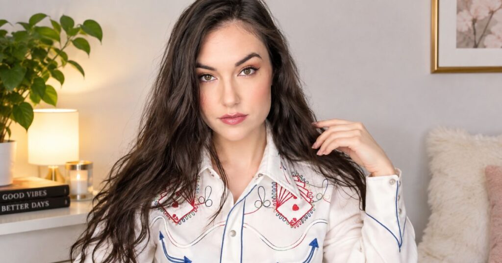 Woman with long dark hair sitting indoors, wearing a white embroidered shirt with blue patterns, holding her hair near her shoulder and looking at the camera.sasha-grey-net-worth-2026